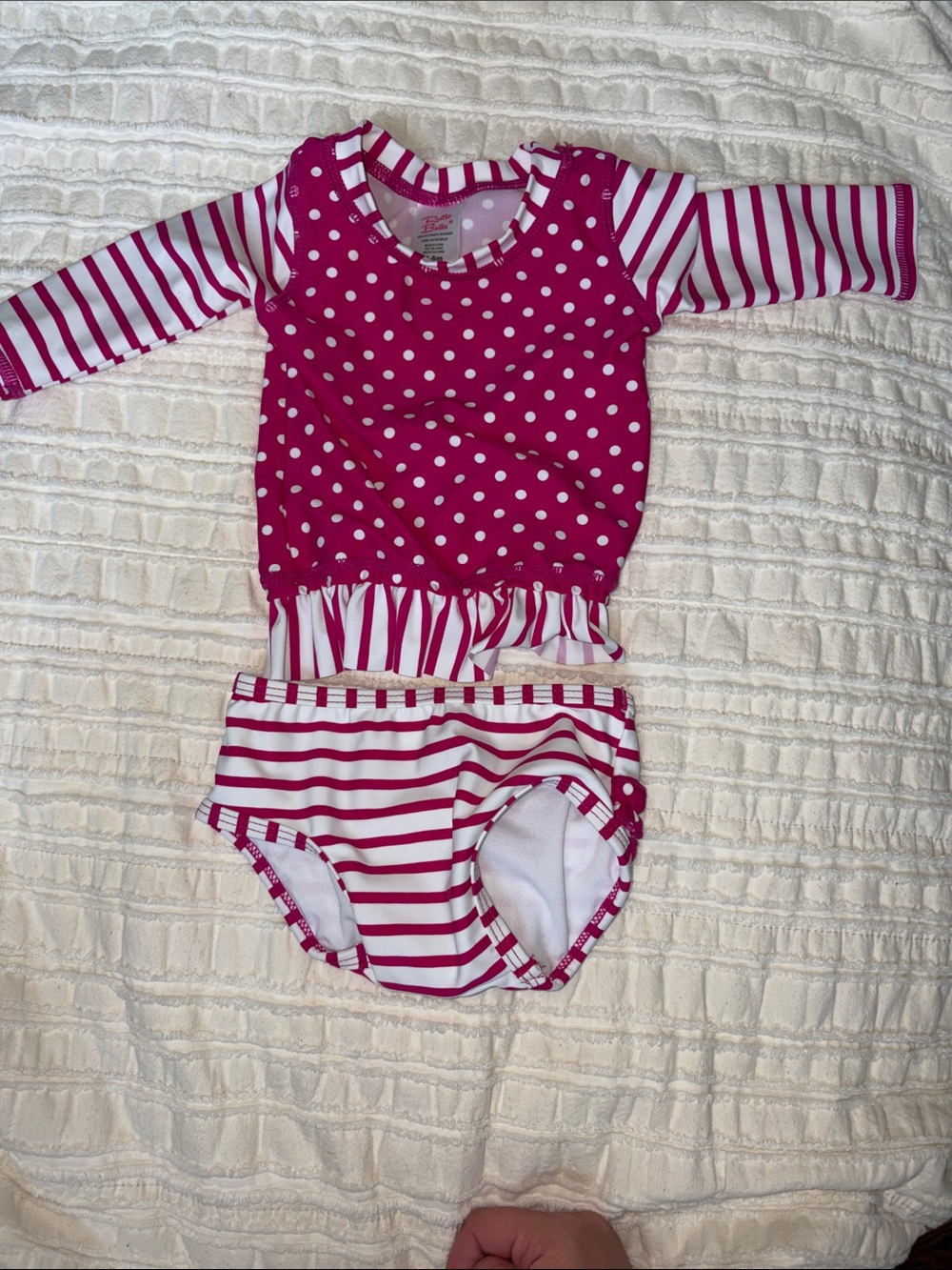 NWOT Ruffle Butts Pink and White Polka Dot & Stripe Girls Swim Set